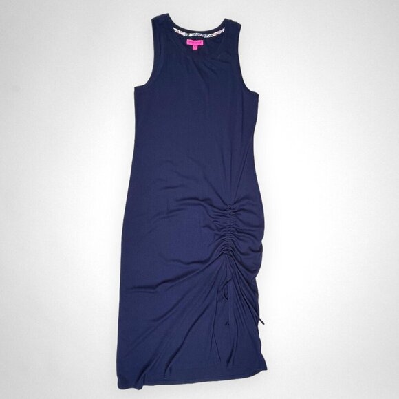 NWT BETSEY JOHNSON XL Soft Rib Knit Ruched Midi Blue Dress Summer Casual‎ - Picture 1 of 8